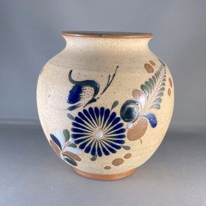 Vintage Tonala Mexico Pottery Vase Hand Painted Blue   Tan Floral and Butterfly